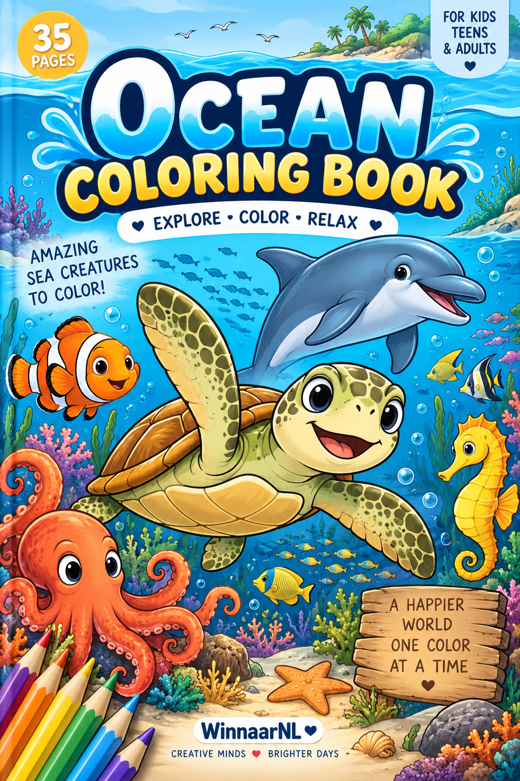 Ocean Animals Coloring Book cover and real pages